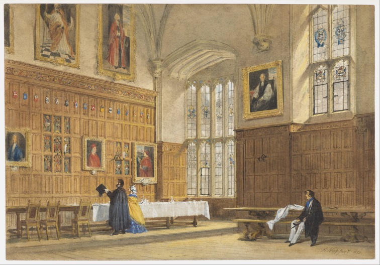 1828-print-by-Nash-of-Dining-Hall-of-Magalen-College-–-showing-picture-of-Wolsey-as-a-notable-alumnus