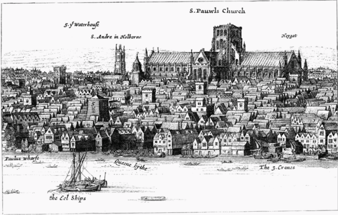 An-engraving-of-Old-St-Paul’s-by-William-Hollar-in-mid-17th-century